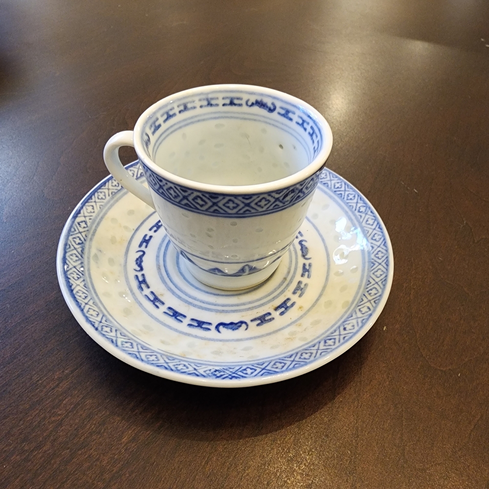 Tienshan Vintage Rice Grain Flower Chinese Demitasse Tea Cup & Saucer Plate Blue